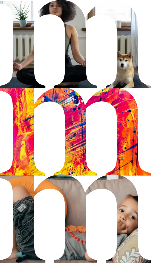 The Metra Living M logo in a stack of three with background images showing through them.